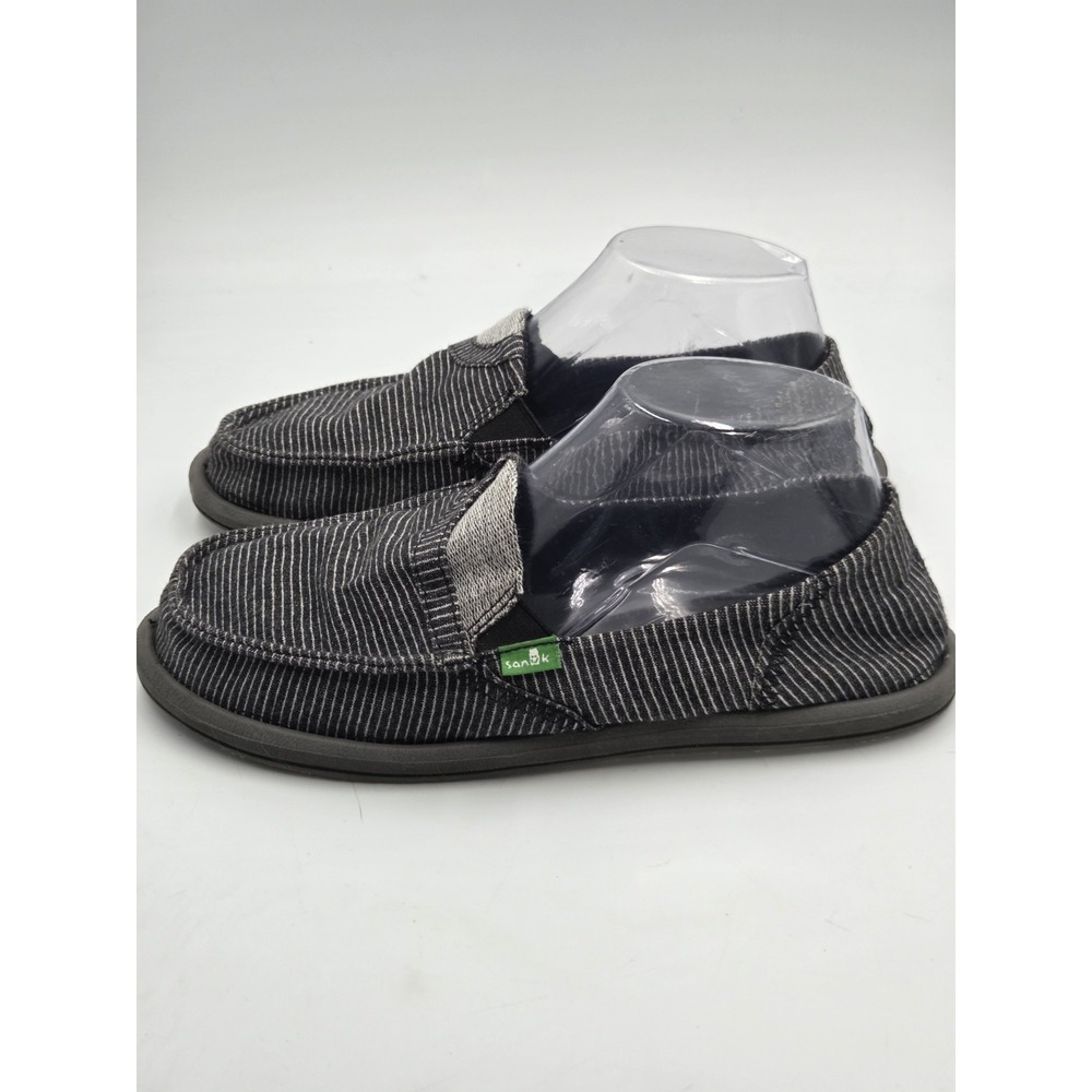 Sanuk Pick Pocket Black Gray Stripes Camp Surfer Shoes Women Size 8 Boho Comfort